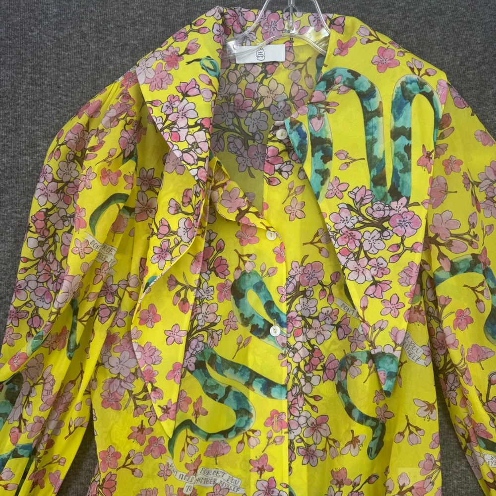 Dauphinette Yellow Cherry Blossom Snake Print Lantern Puff Sleeve Blouse size S - Picture 3 of 9